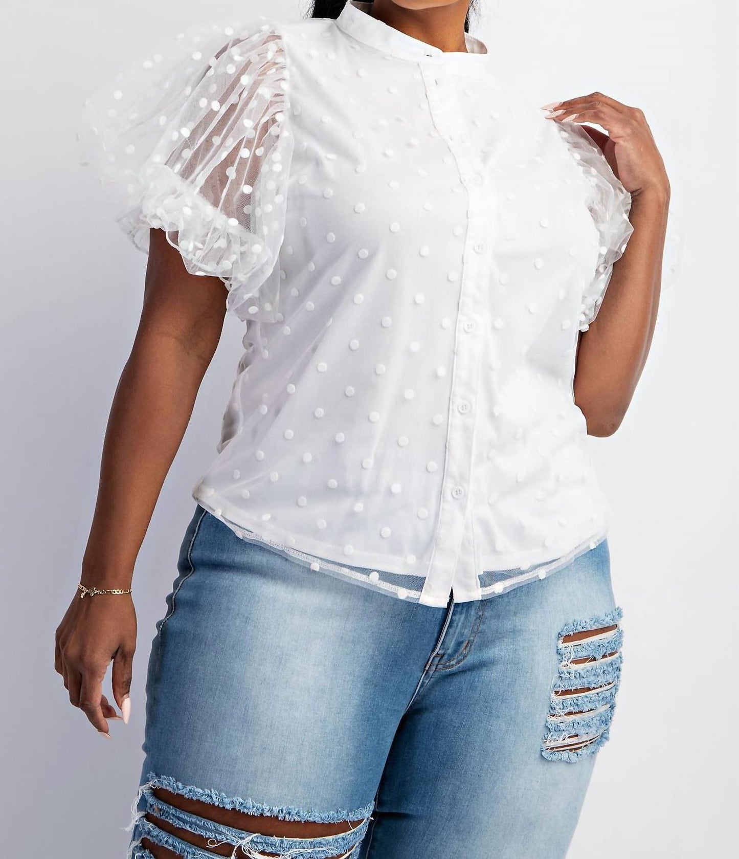 The Curve La - Plus Size Dot Mesh Knit Shirt With Puff Sleeve