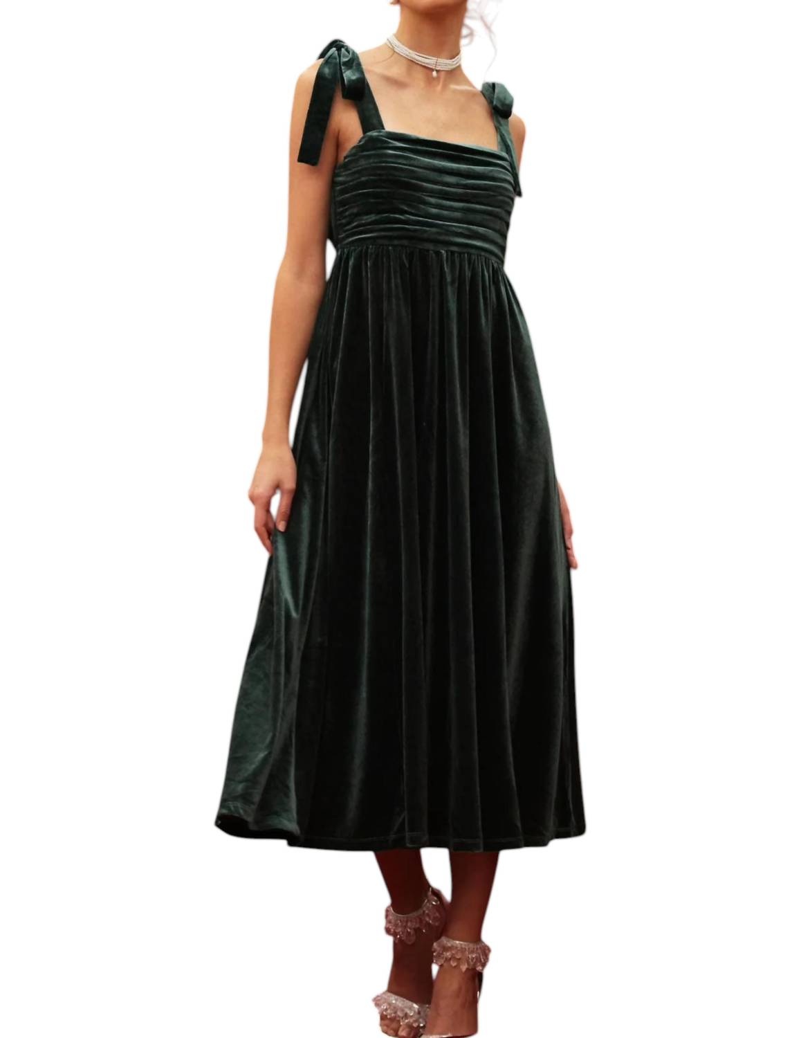 Blu Pepper - Velvet Tie Strap Pleated Midi Dress