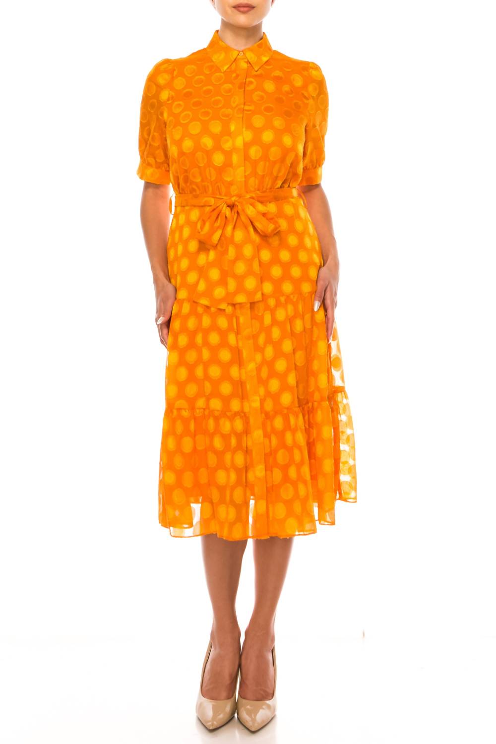Nicole Miller - Dotted Collared Belted Shirt Dress