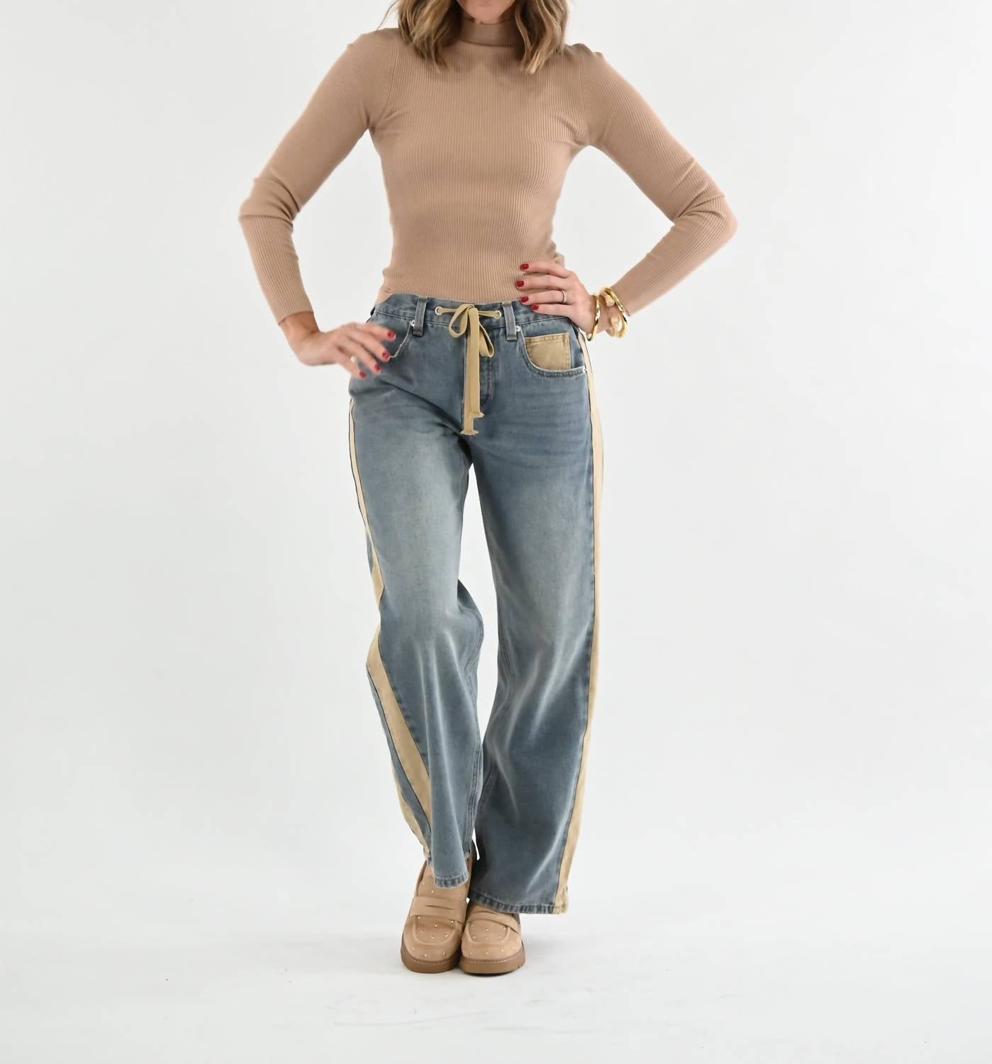 Ee:Some - Mineral Washed Drawstring Side Stripe Jeans