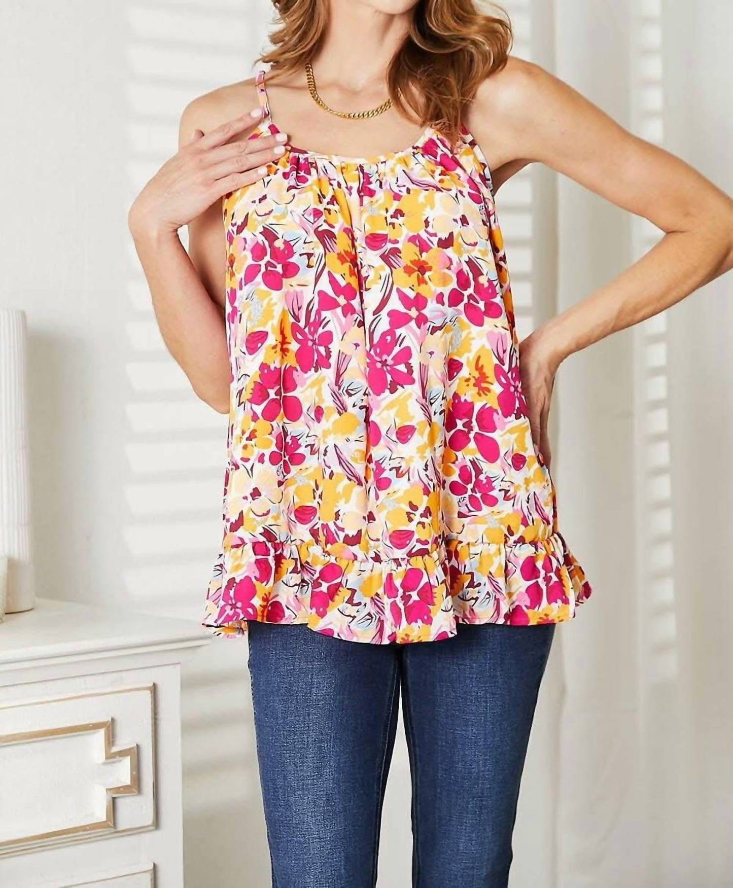 Double Take - Floral Ruffle Hem Top