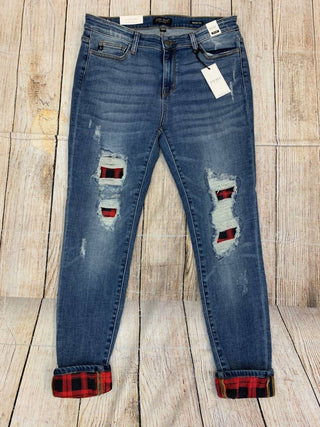 Judy Blue - Women's Buffalo Plaid Patch Distressed Skinny Jeans
