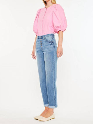 Kancan - Calça jeans reta de cintura alta com botões e braguilha