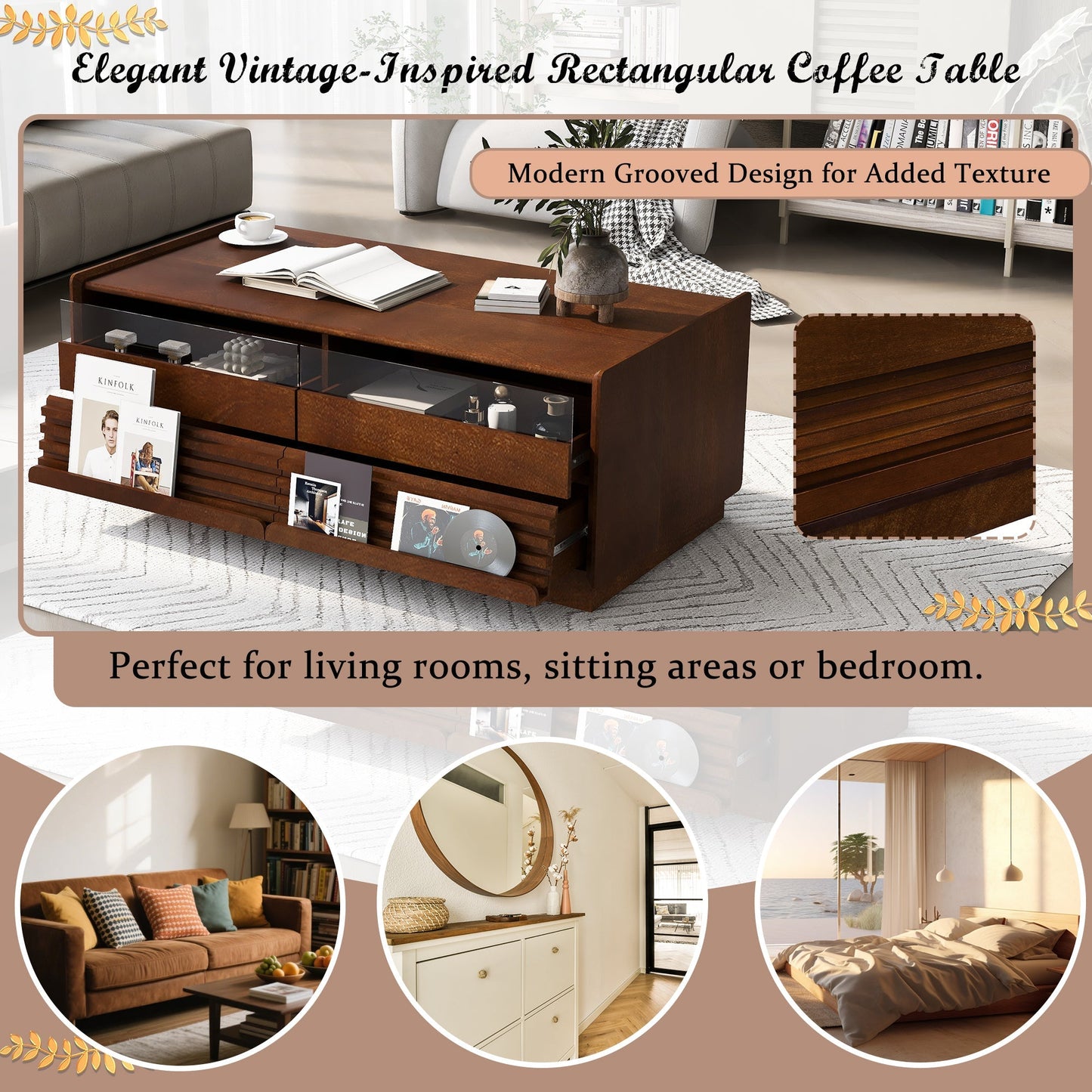 Modern Rectangle Coffee Table with 4 Drawers and 2 Display Shelves