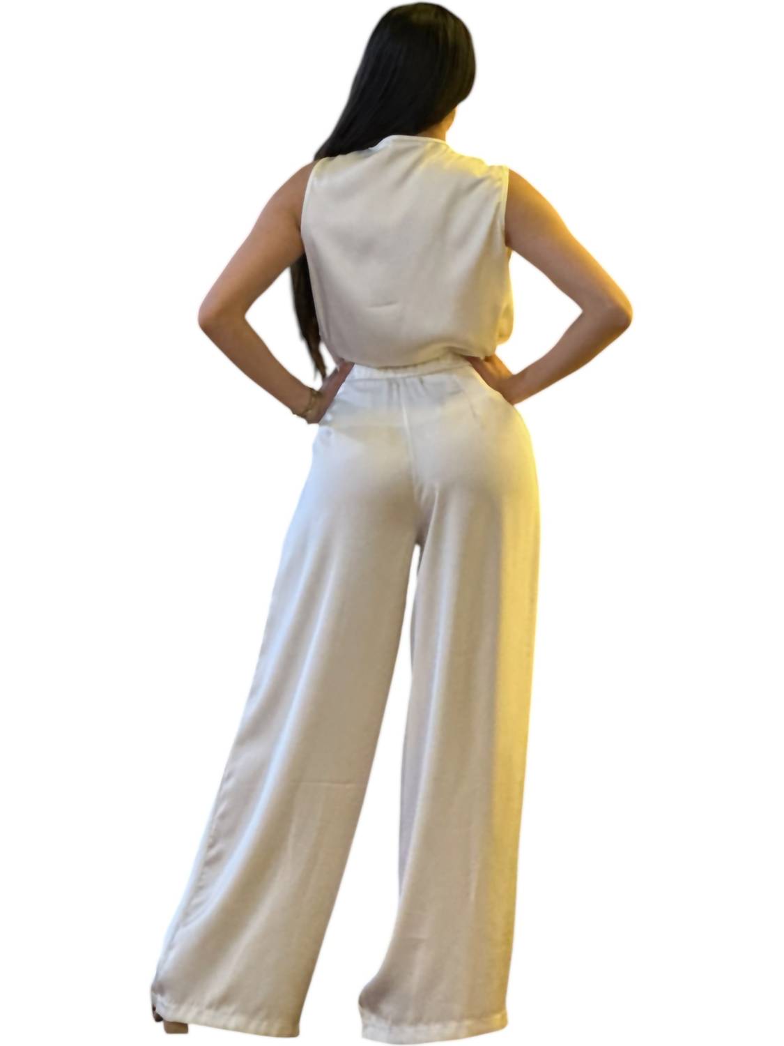 A.C.G. Los Angeles - Satin Wide Leg Pants & Cowl Neck & Flower Sleeveless Top