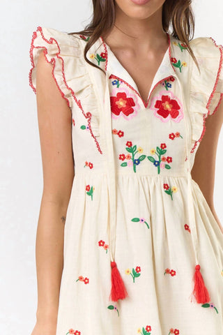 Lalavon - Ruffle Sleeve Embroidered Mini Dress