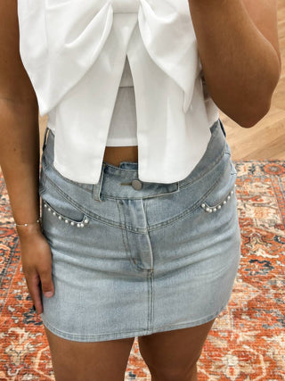 Cloud Ten - High-rise Pearls & Denim Mini Skirt