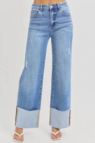 Risen - Calça Jeans de Cintura Alta e Punho Largo