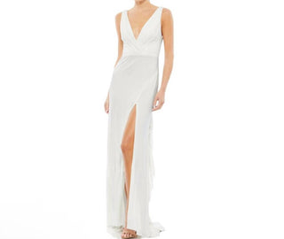Mac Duggal – Vestido de jérsei falso envoltório com decote em V e fenda