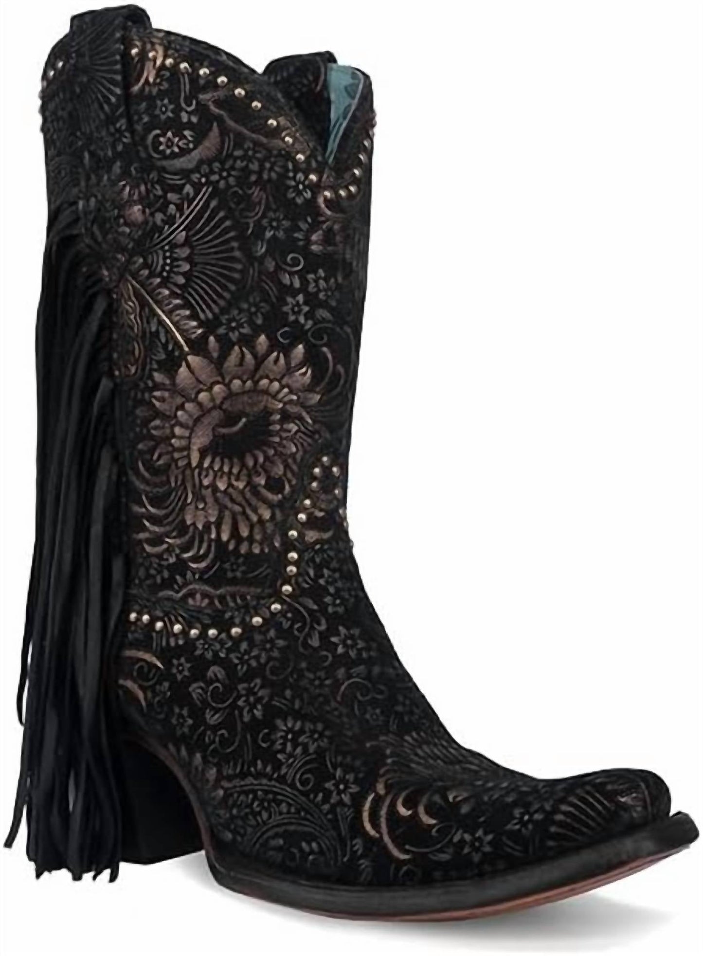 Corral - Stamped Floral Suede And Studs With Fringe Boot