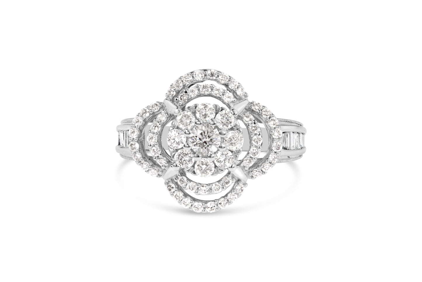 14K White Gold 1.0 Cttw Round & Baguette Cut Diamond Floral Cluster Quatrefoil Channel Set Band Cocktail Statement Ring (H-I Color, SI2-I1 Clarity) - Size 6-3/4