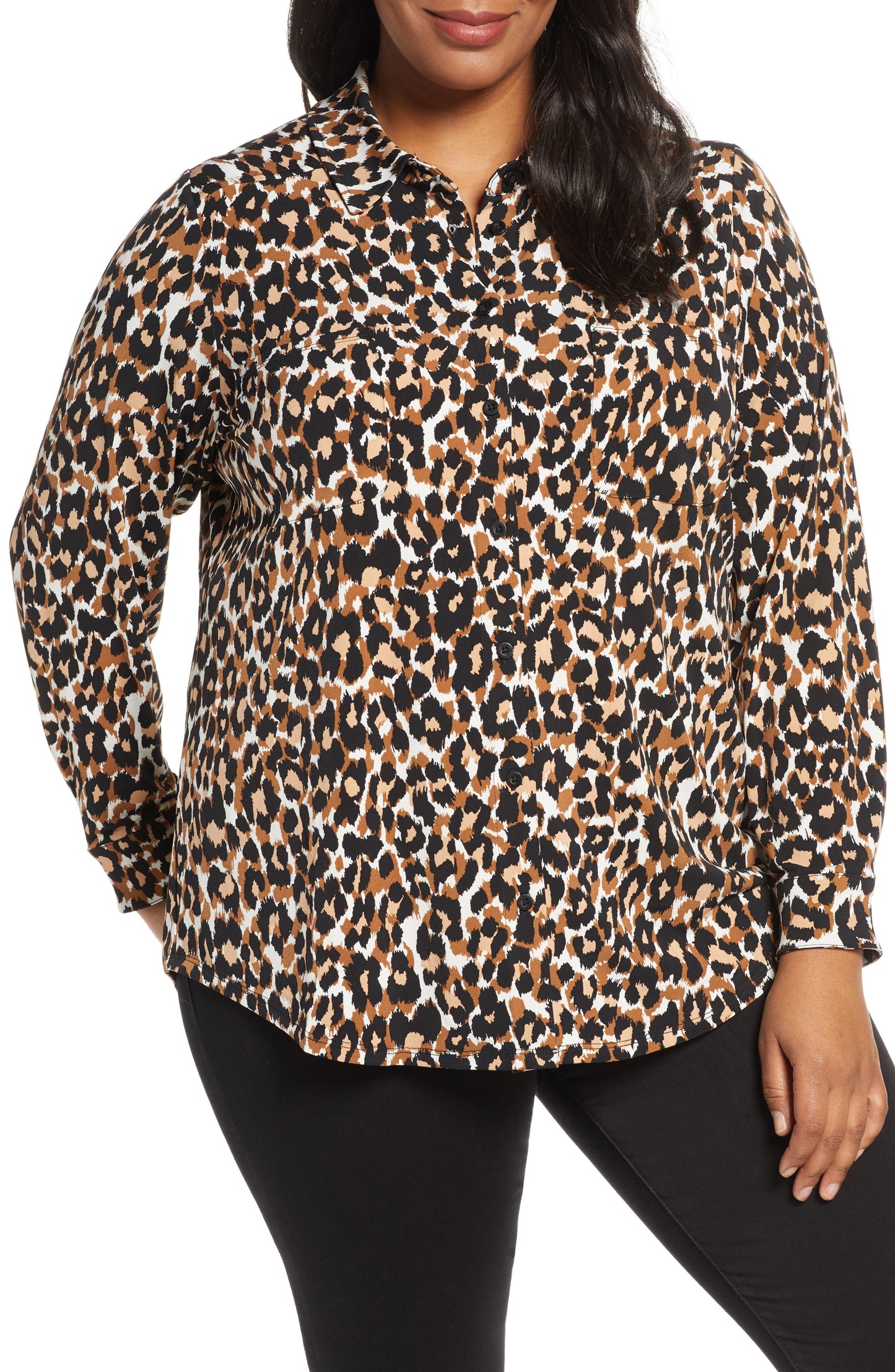 Blusa de malha feminina Leota Jada com estampa de leopardo marrom, tamanho 1X
