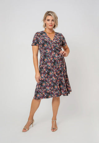 Vestido feminino Leota Perfect Wrap com manga curta, preto