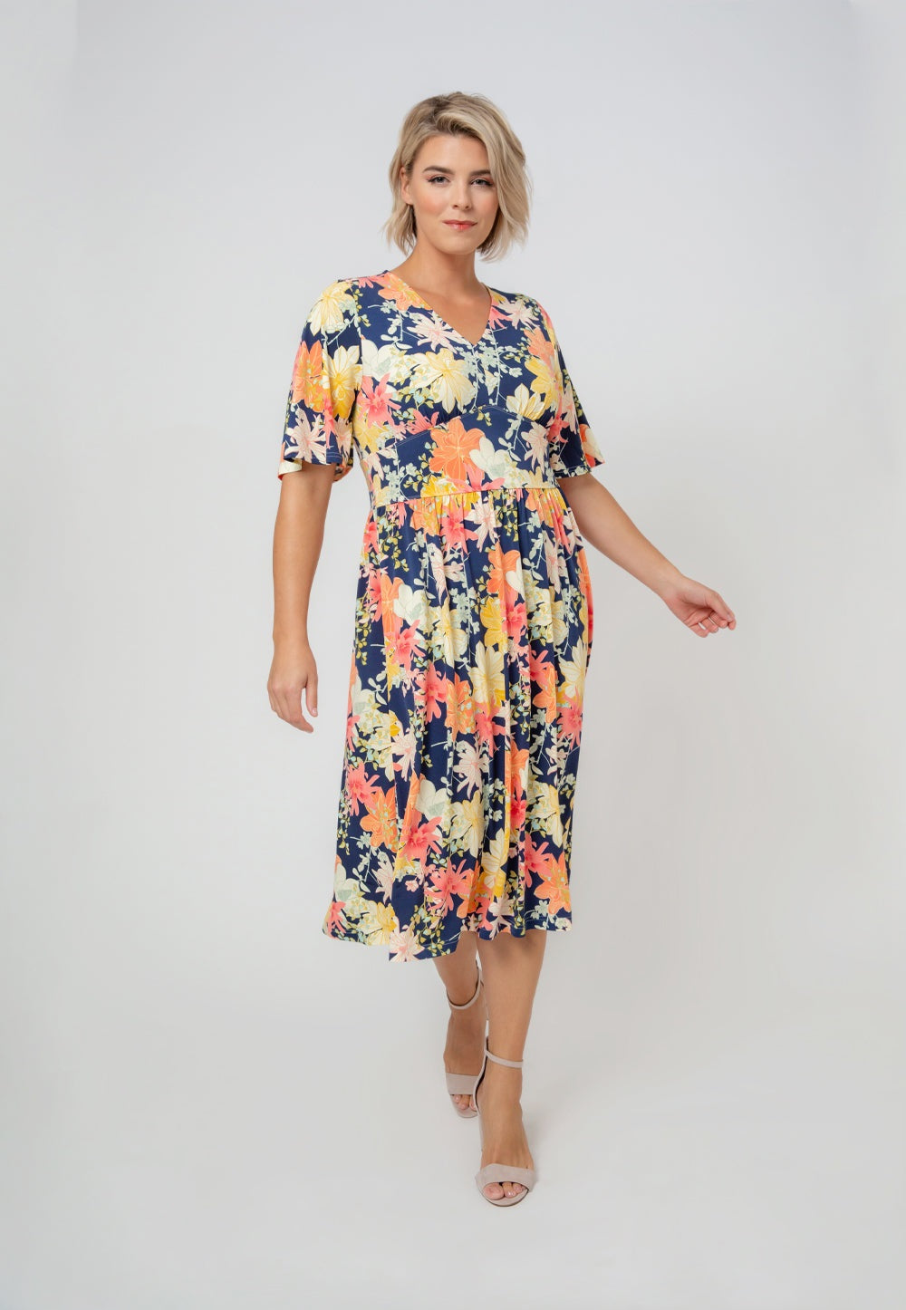 Vestido midi com estampa floral Zoe da Leota para mulheres, azul, tamanho 2X