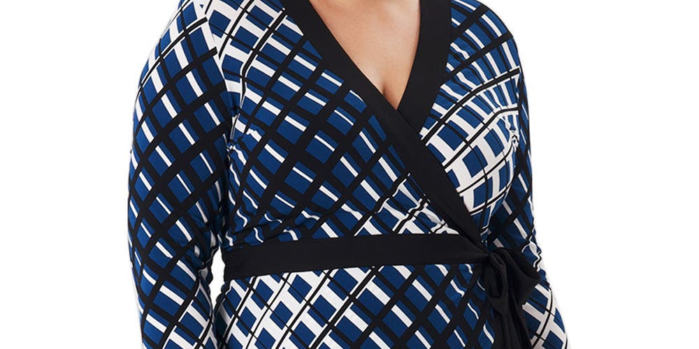 Vestido envelope falso de manga comprida Kara da Leota para mulheres, azul, tamanho 2X