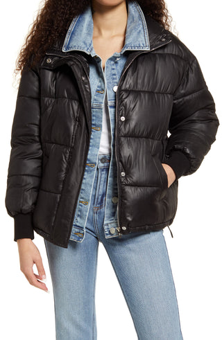 BLANKNYC Denim Trucker Lining Puffer Coat in Run The Show, Size Medium