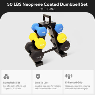 Conjunto de halteres revestidos de neoprene BalanceFrom Fitness de 5, 8 e 12 libras com suporte
