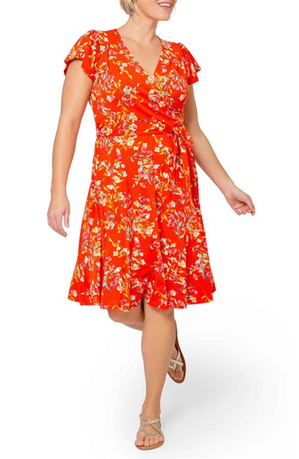 Vestido envelope falso de malha floral Monique da Leota feminino, laranja, tamanho 2X