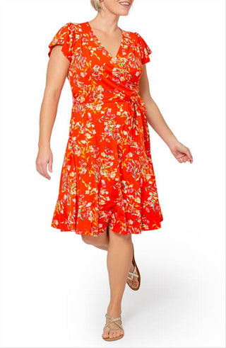 Vestido envelope falso de malha floral Monique da Leota feminino, laranja, tamanho 2X
