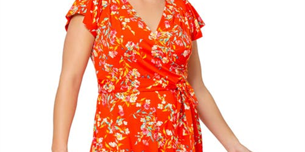 Vestido envelope falso de malha floral Monique da Leota feminino, laranja, tamanho 2X