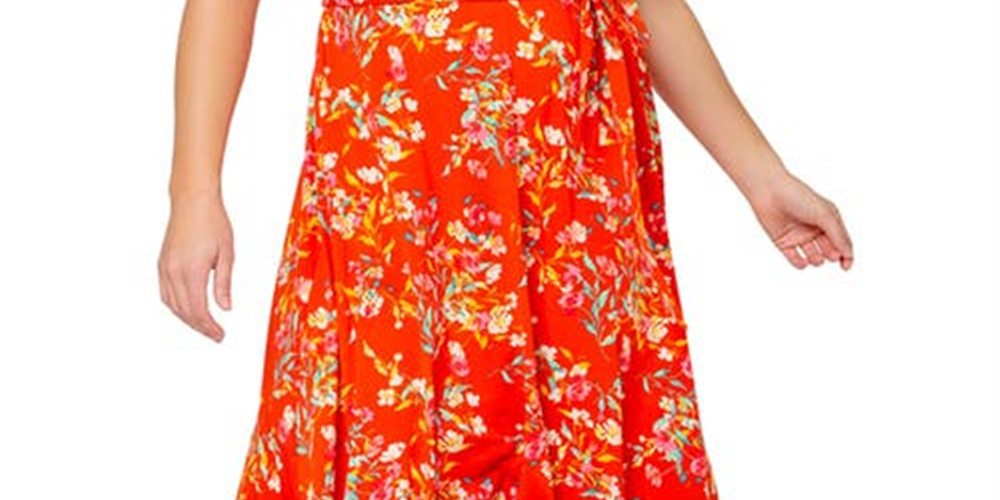 Vestido envelope falso de malha floral Monique da Leota feminino, laranja, tamanho 2X