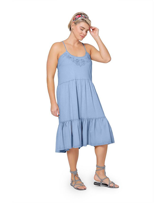 Vestido de verão feminino Leota Esmeralda bordado com bainha em camadas de algodão Chambray, azul, tamanho 3X