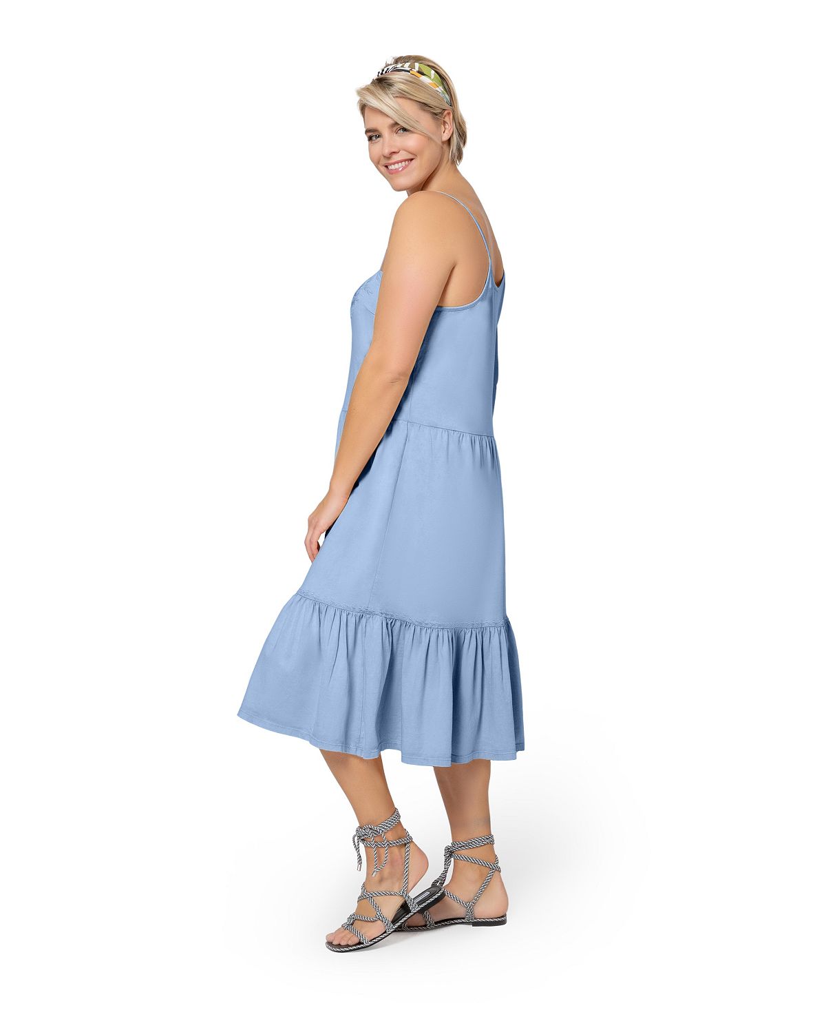 Vestido de verão feminino Leota Esmeralda bordado com bainha em camadas de algodão Chambray, azul, tamanho 3X