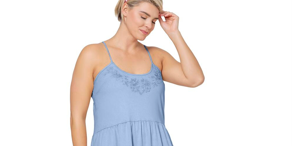 Vestido de verão feminino Leota Esmeralda bordado com bainha em camadas de algodão Chambray, azul, tamanho 2X
