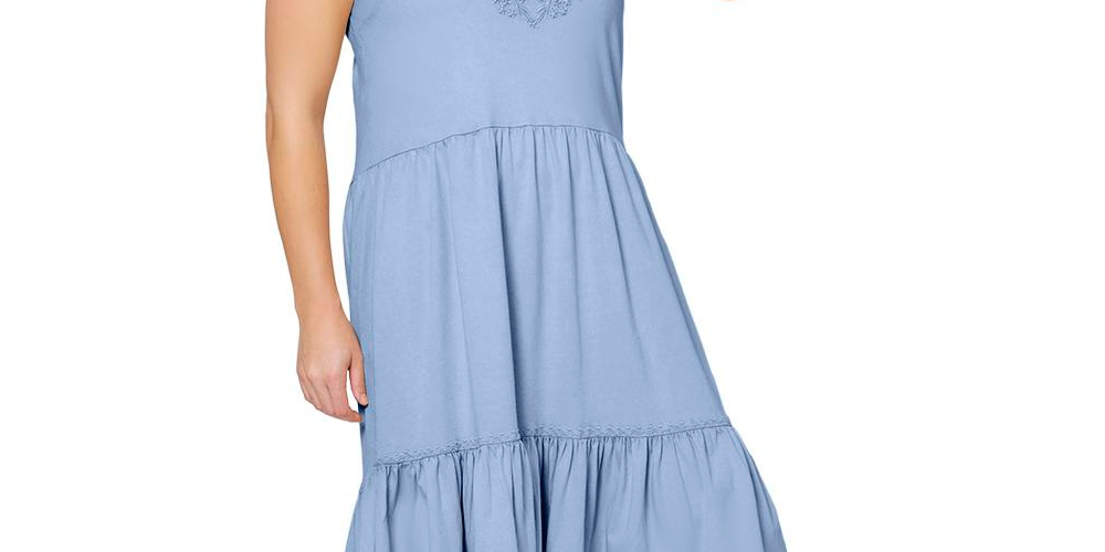 Vestido de verão feminino Leota Esmeralda bordado com bainha em camadas de algodão Chambray, azul, tamanho 3X