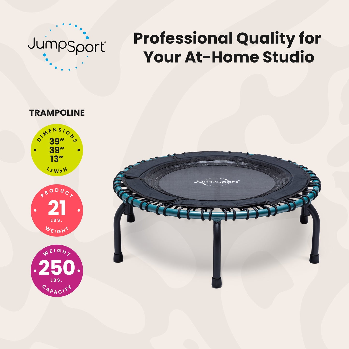 JumpSport 250 Workout Rebounder para adultos, mini trampolim fitness de 39", azul-petróleo