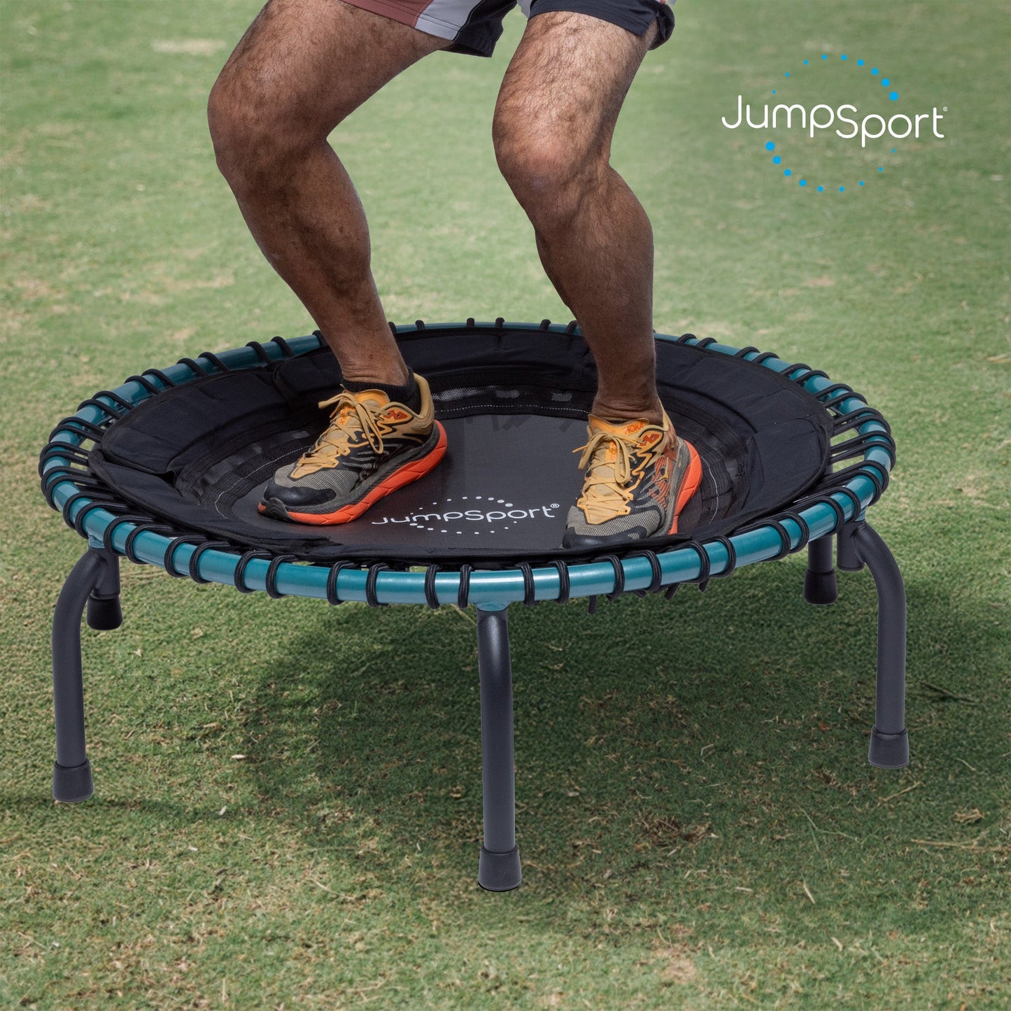 JumpSport 250 Workout Rebounder para adultos, mini trampolim fitness de 39", azul-petróleo