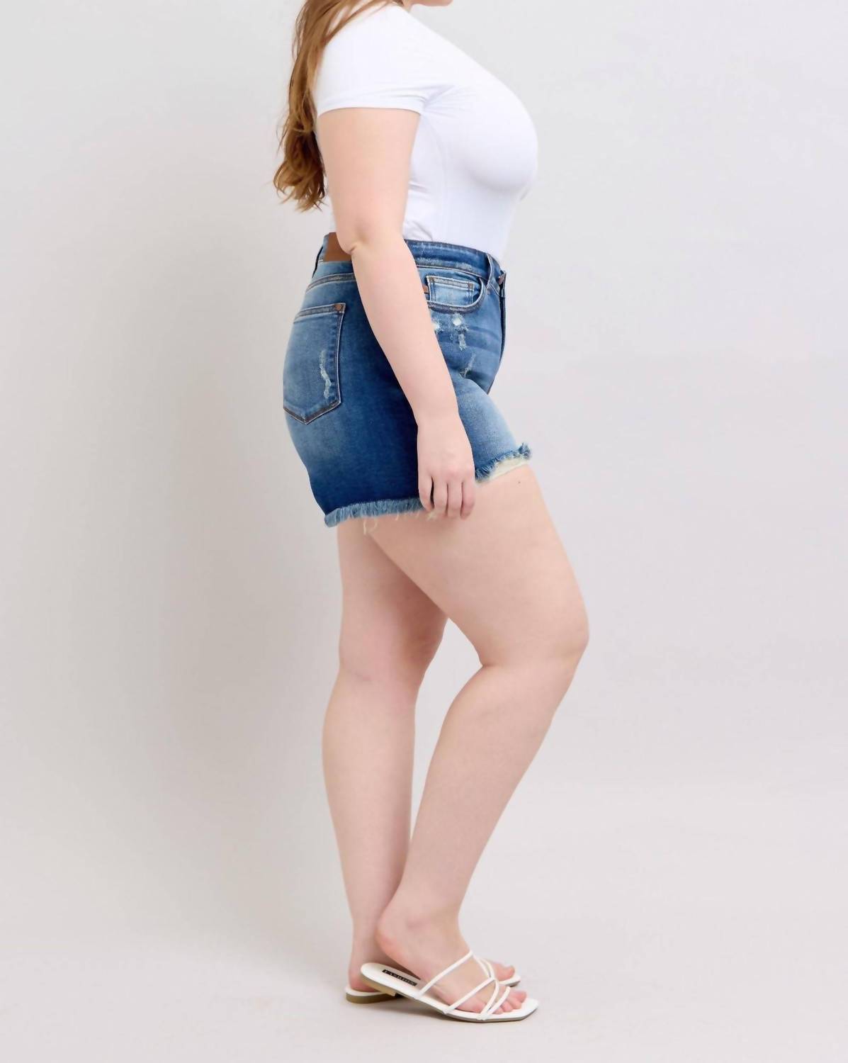 Judy Blue - Mid Rise Two Button With Destroy Dad Denim Short