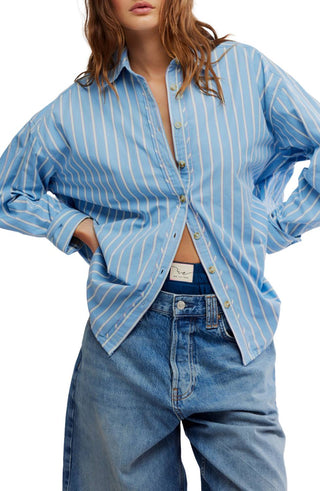 Free People - Camisa listrada grande com botões Varsity Vibes