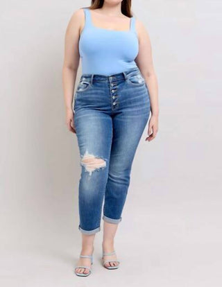 Judy Blue - Mid Rise Button Fly Distressed Boyfriend Jeans