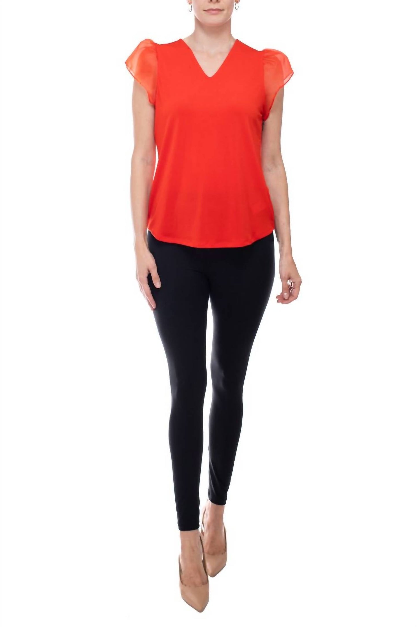 Adrianna Papell - V-neck Organza Flutter Sleeve Solid Moss Crepe Top