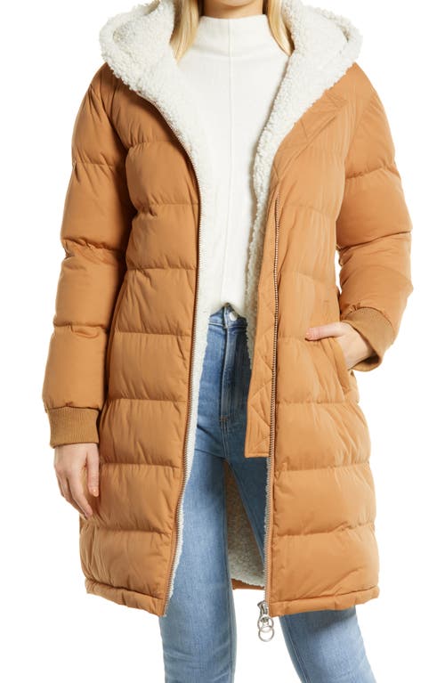 Avec Les Filles Hooded Puffer Coat with Faux Shearling Lining in Caramel/Cream Combo , Size Small