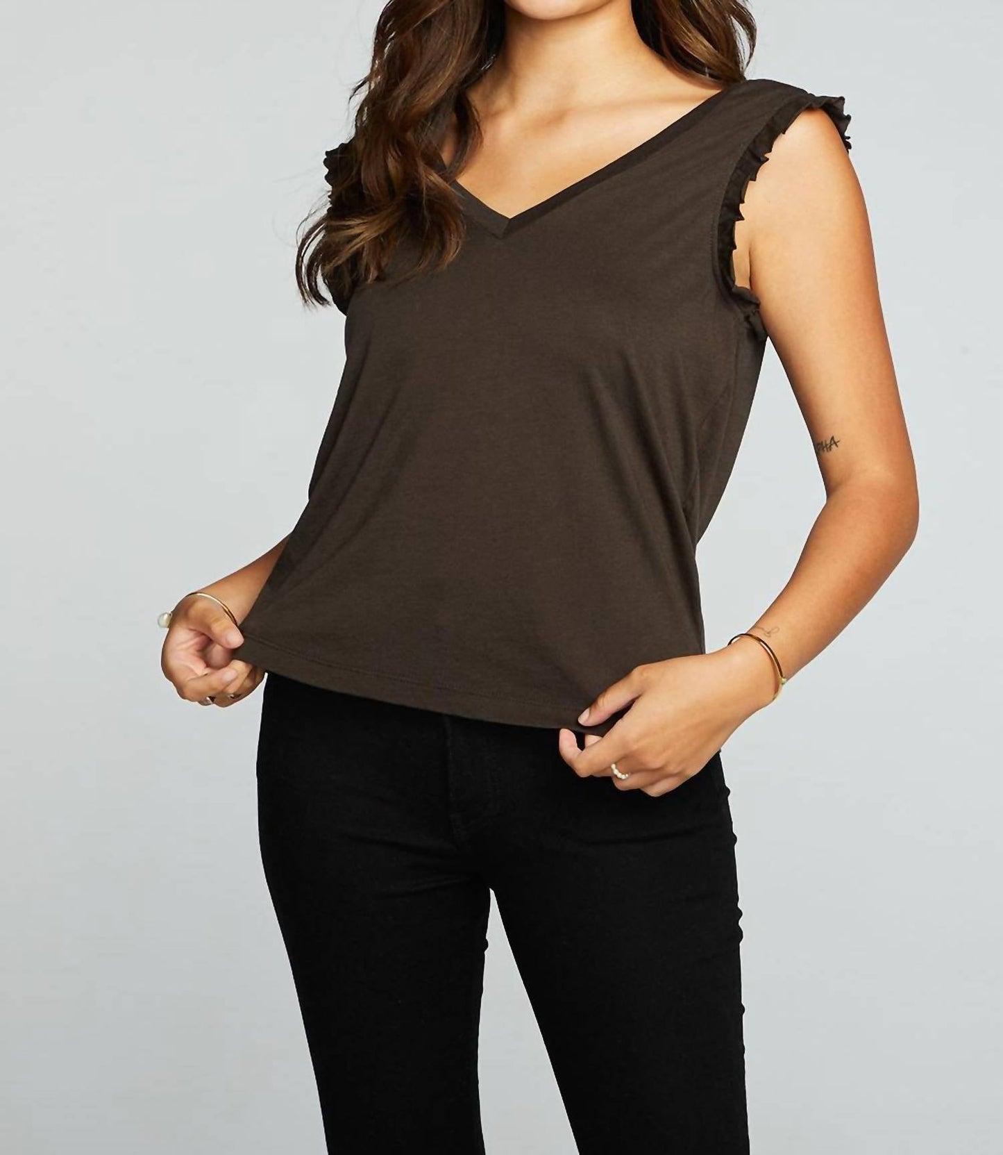 Chaser - Recycled Vintage Jersey Double V Ruffle Muscle Tank