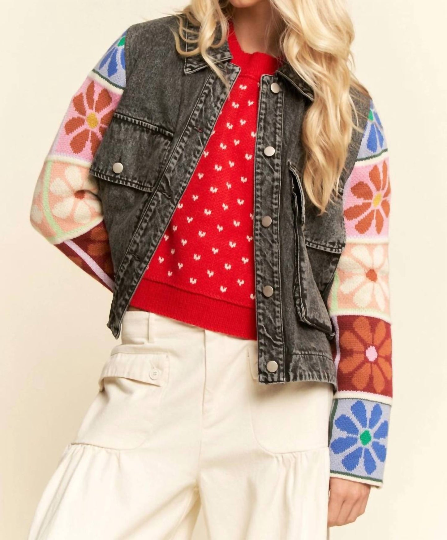 Davi & Dani - Patch Design Knit Sleeve Button Front Denim Jacket