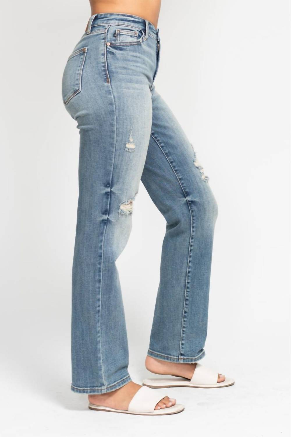 Judy Blue - High Waist Dad Straight With Harsh Tint & Destroyed
