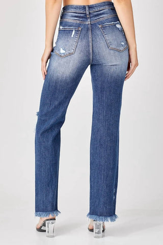 Risen - Calça jeans reta com bainha crua e desgastada tamanho grande