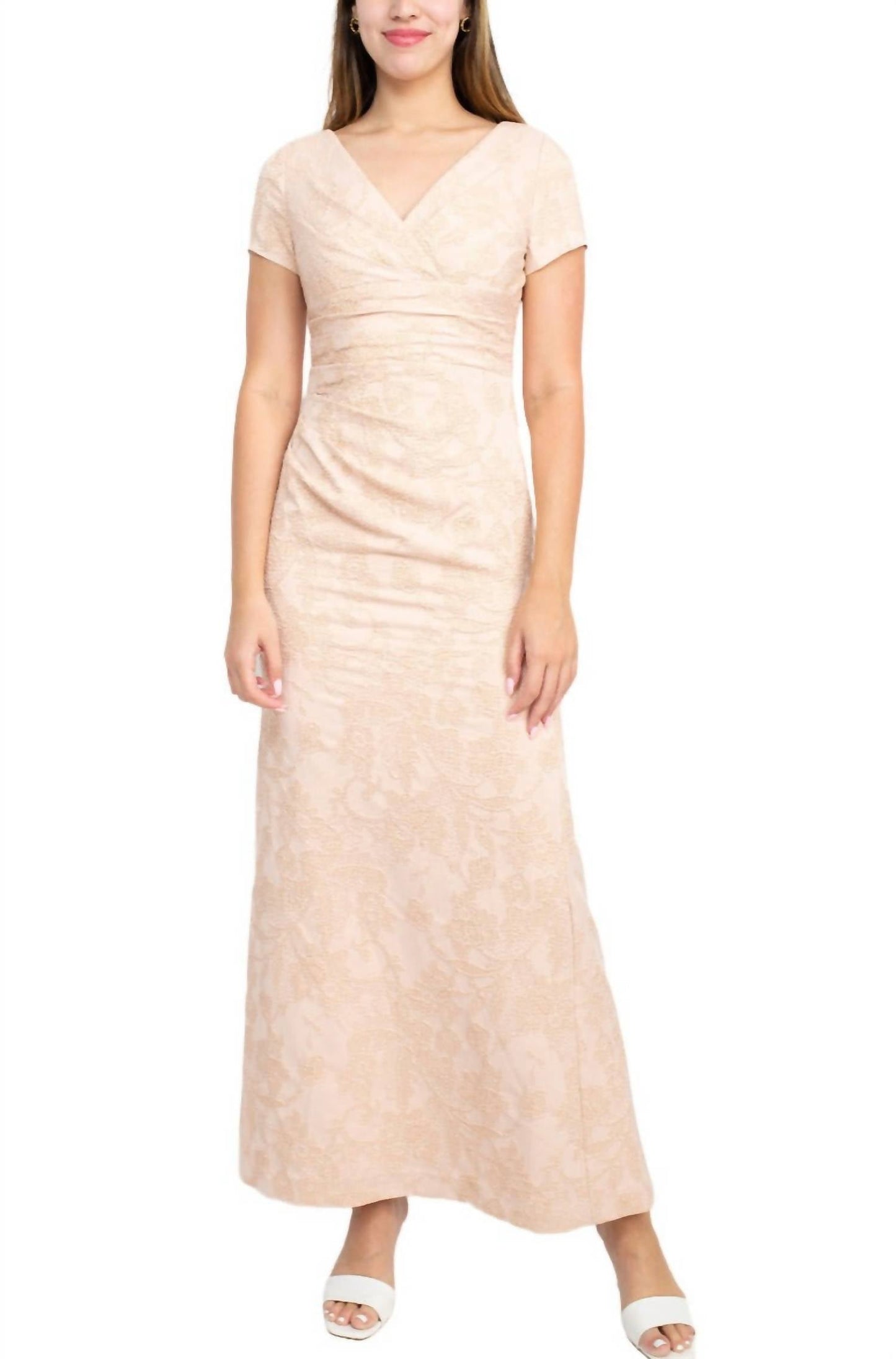 Adrianna Papell - V-neck Pleated Gathered Side Matelasse Dress