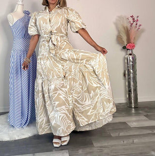 Big Hit Fashion - Woven Palm Print Bubble Sleeve Maxi Dress