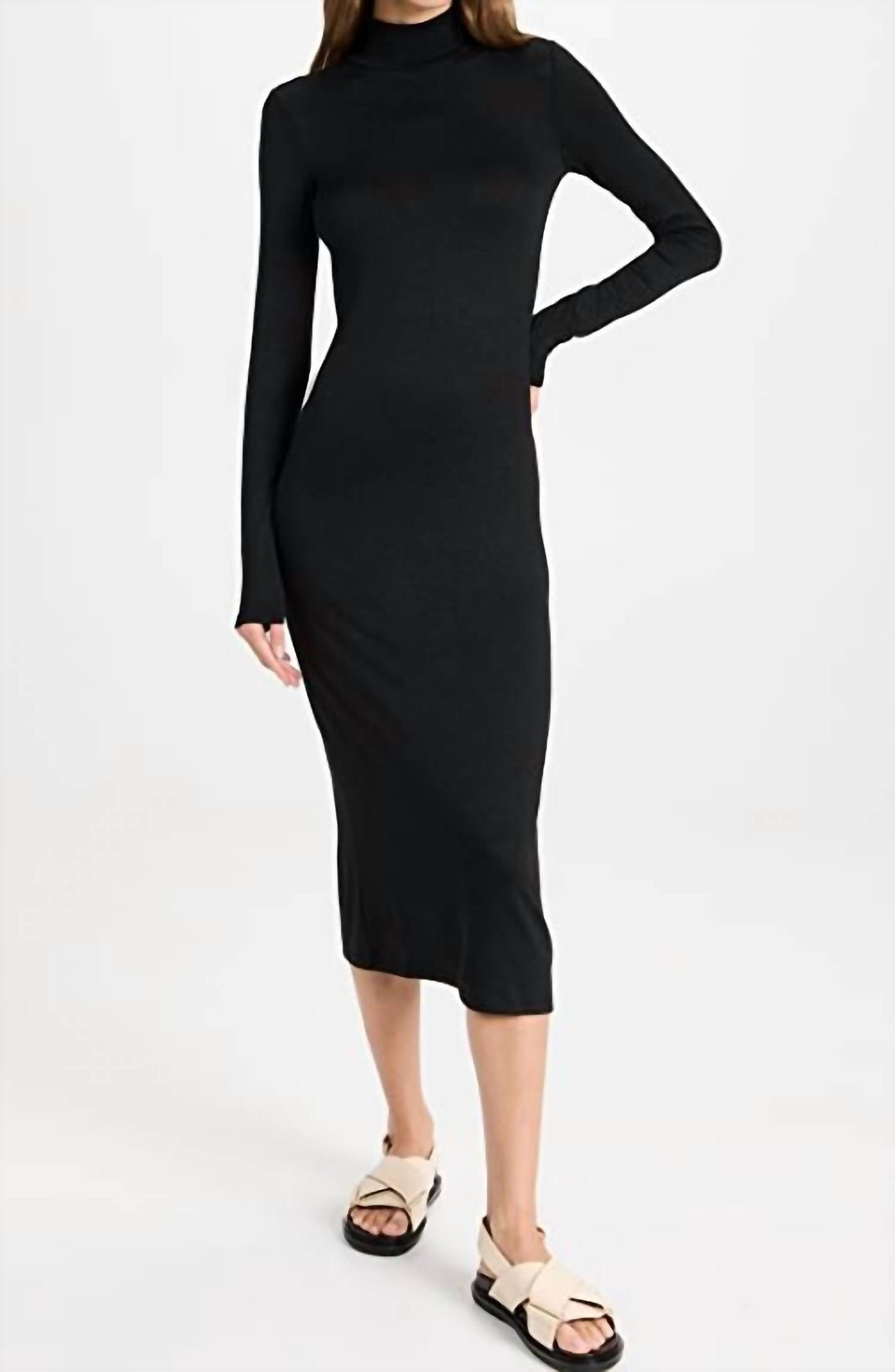 Rag & Bone - SOLID TURTLE NECK RIBBED KNIT BACK SLIT MIDI DRESS