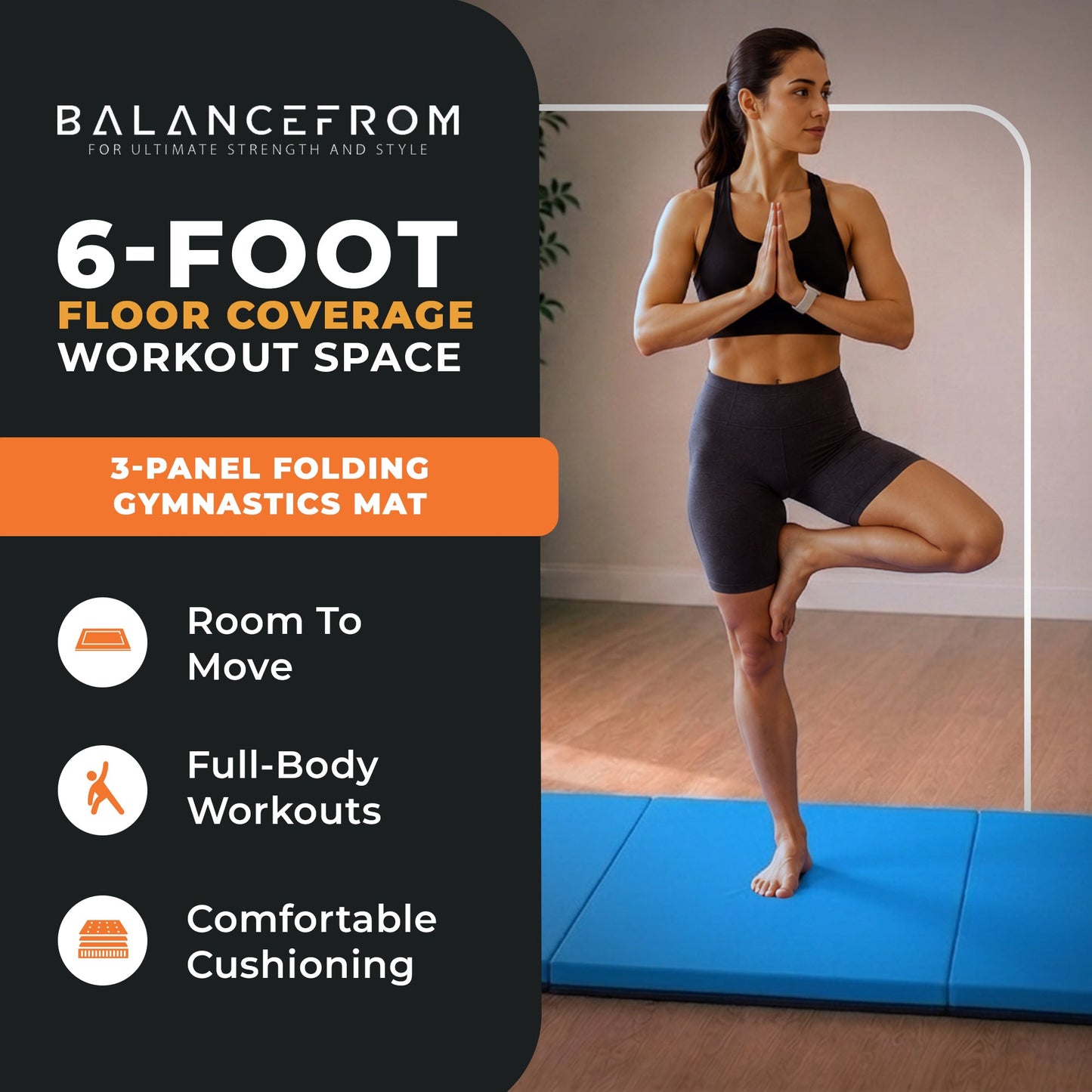 Tapete de exercícios dobrável BalanceFrom Fitness GoGym 6x2 pés com 3 painéis e alças, azul