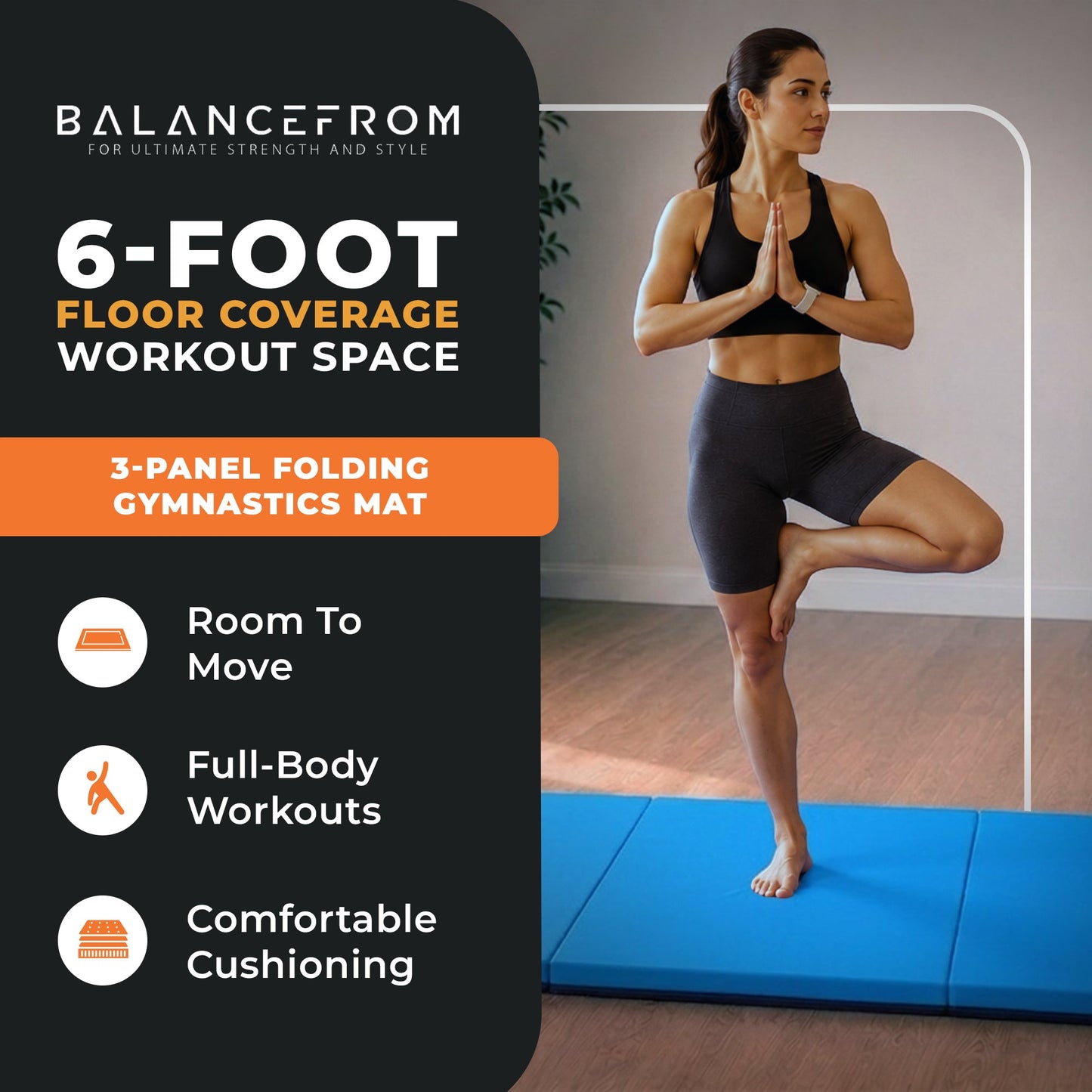 Tapete de exercícios dobrável BalanceFrom Fitness GoGym 6x2 pés com 3 painéis e alças, azul