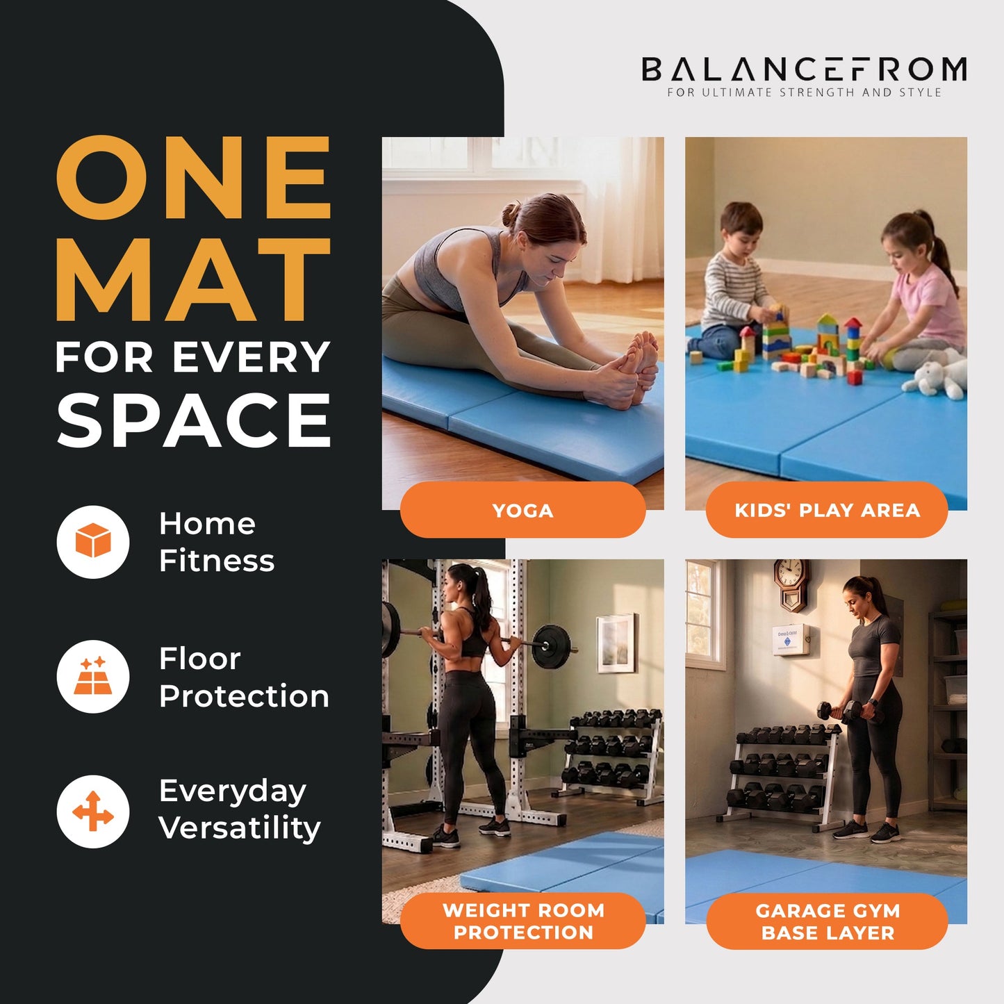 Tapete de exercícios dobrável BalanceFrom Fitness GoGym 6x2 pés com 3 painéis e alças, azul