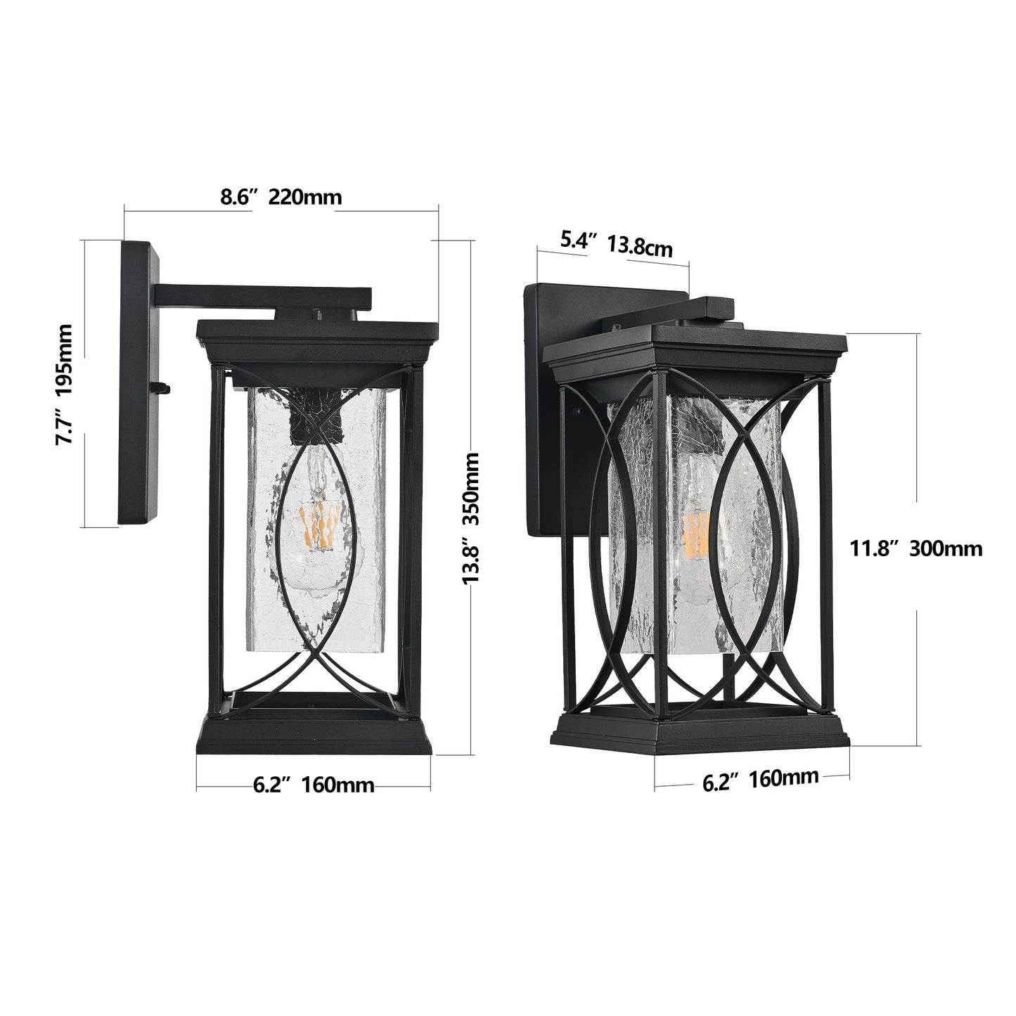 14'(H) Black Outdoor Wall Lantern with Crackled Glass