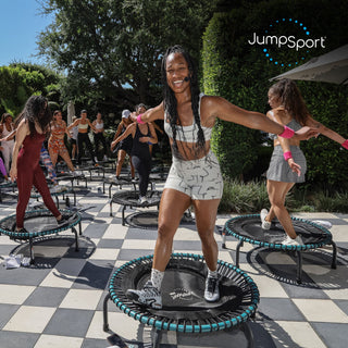 JumpSport 350 Pro Fitness Trampolim interno para exercícios cardiovasculares de 39 polegadas, azul-petróleo/preto