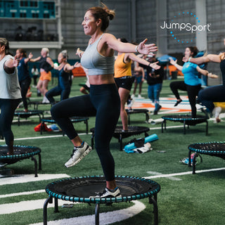 JumpSport 350 Pro Fitness Trampolim interno para exercícios cardiovasculares de 39 polegadas, azul-petróleo/preto