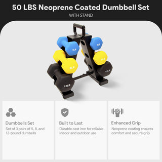 Conjunto de halteres revestidos de neoprene BalanceFrom Fitness de 5, 8 e 12 libras com suporte